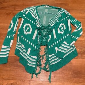 Size Large Umgee USA Open Front Waterfall Cardigan Sweater Green Southwest Print